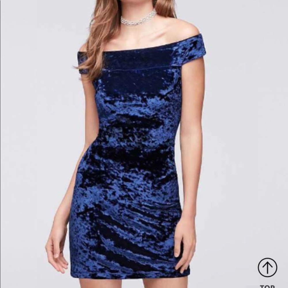 Blue velvet off the shoulder dress